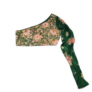 Kalista Green Floral One-Shoulder Beaded Crop Top Rosette India Bird Pink Accent